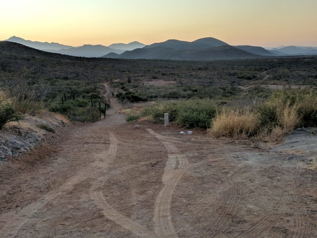 Morning mountains and a narrow dirt trail leading through the desert.