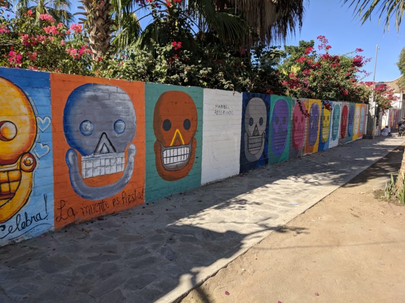 Dia de los muertos mural with various painted skulls.