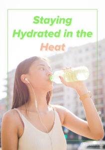 Woman drinking water. "Staying hydrated in the heat."