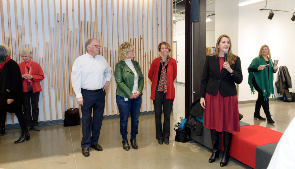 Dean Jeff  McCubbin and Nancy Richardson welcome students from the College of Health and Human Sciences to the opening of the new Nancy Richardson Design Center, January 22, 2019.