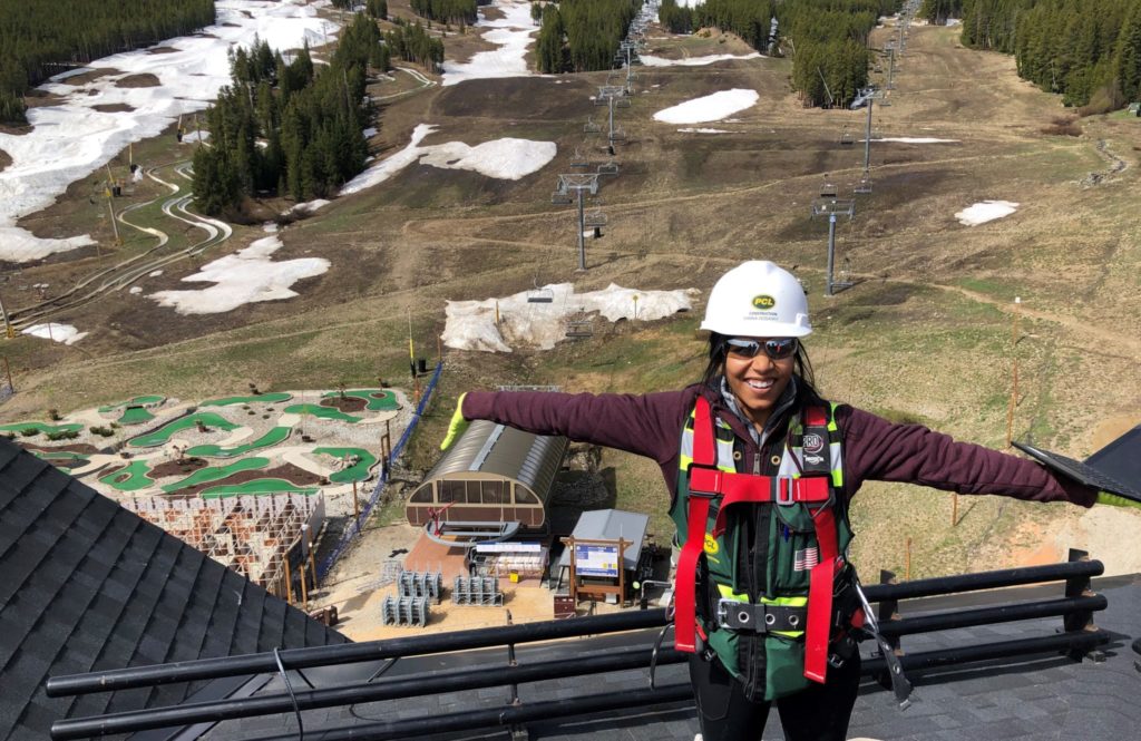 Construction Management student Vanna Hosanny in construction gear while in Breckenridge, Colorado