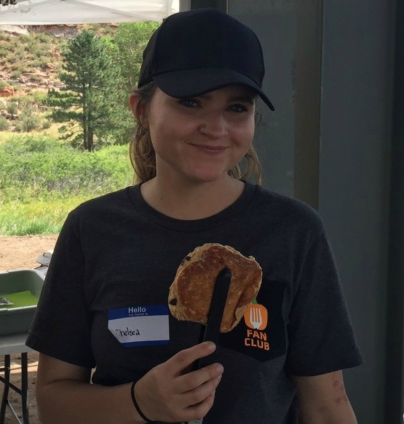 Chelsea Jones holding a pancake