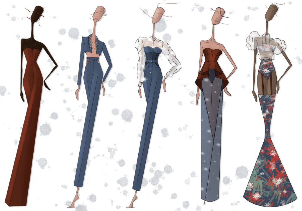 Five schematic designs of women's garments by Aaron Clausen, featuring a red dress, a blue pantsuit, a blue dress, a red corset dress, and a floral puff-style dress. 