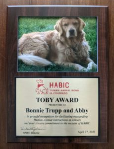 award plaque for human-animal bond volunteer working in school settings