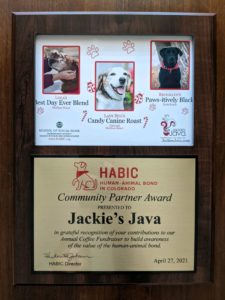 award plaque for human-animal bond in colorado's community partner award featuring jackie's java