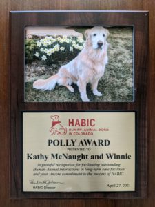 plaque for the human-animal bond in colorado annual polly award to honor a volunteer working in long-term care settings