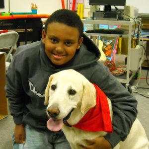 habic therapy dog rex with a school student