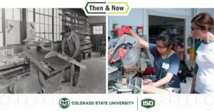 Side-by-side "then and now" pics of the IS Lab building with male student working with a saw, and modern day female student with female instructor working with a saw