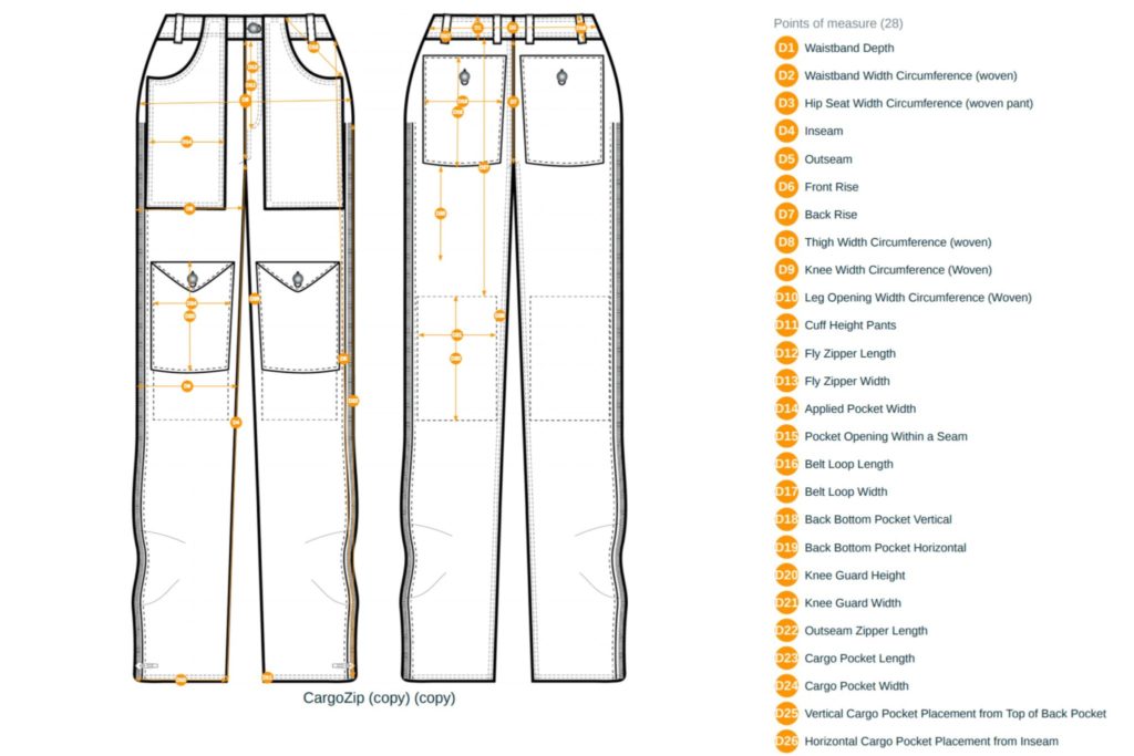 a technical package and line drawing for pants with listed components