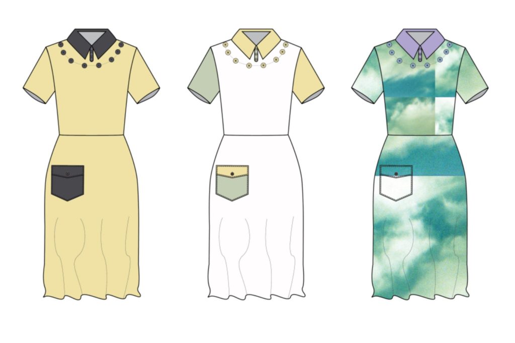 Line drawings of an accessible dress in 3 colorways