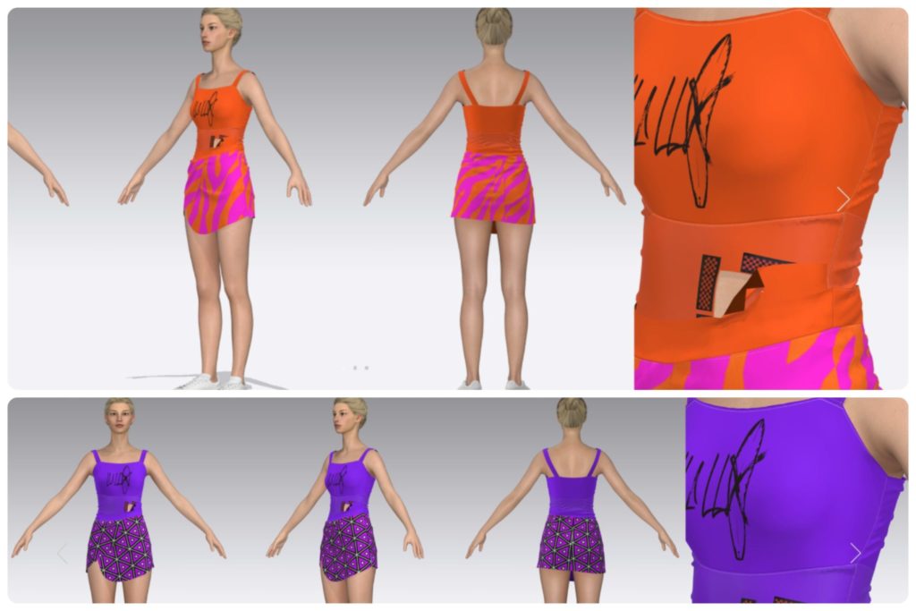 A series of CLO 3d renderings of swimsuits that show body accessibility for ports