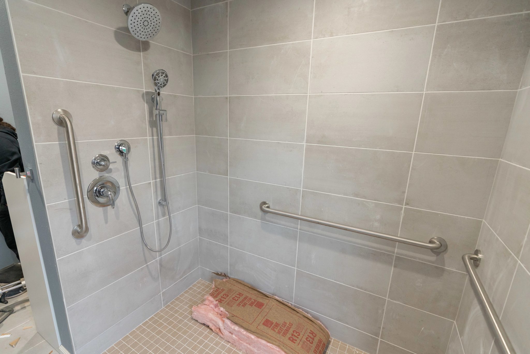 The roll-in shower will allow Elke access to water that is much better than a sponge bath.