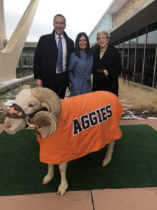 Rattenborg with her husband Greg, Cam the Ram, and former ECC director and donor Marie Macy