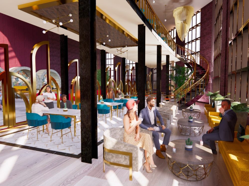 Rendering by Sarah Brown of an eating and social area with staircase and chandalier in the background