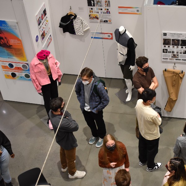 Aerial view of students at the Inclusive innovations exhibit
