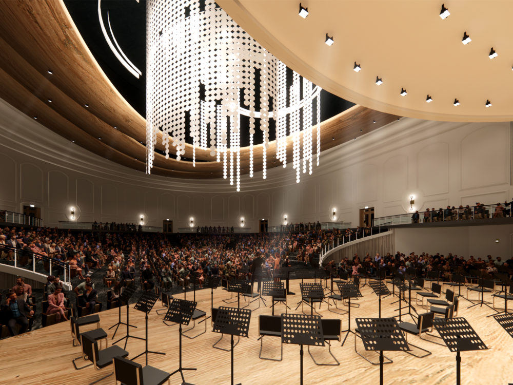 Rendering by Katy Jackson of a large concert hall space with large audience