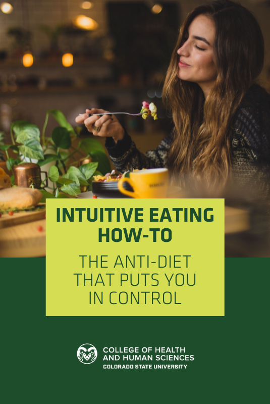 Woman enjoying food with words "Intuitive eating how-to: the anti-diet that puts you in control"