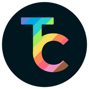 True Colors Logo, a TC with rainbow colors on a black circle