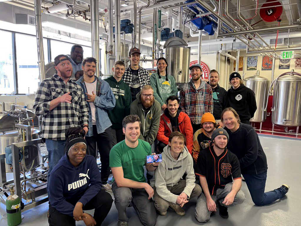 Most of the FST brew crew that created and tested a beer that will be distributed by Lazy Dog Restaurant and Bar is shown at the lab in Gifford Hall.