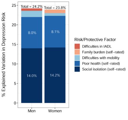 Figure showing gender-based risk factors, mainly social isolation at 14% and poor health at 8%