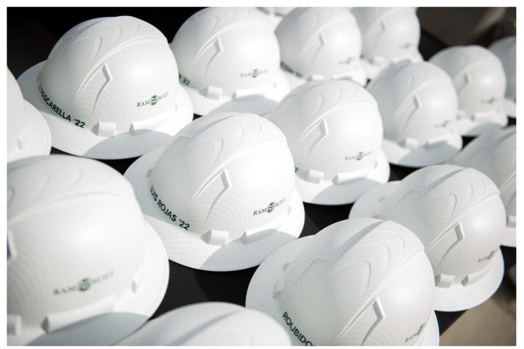 Hard Hats lined up on table