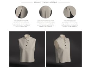 A layout of Tarzian's design: a white, sleeveless button up shirt