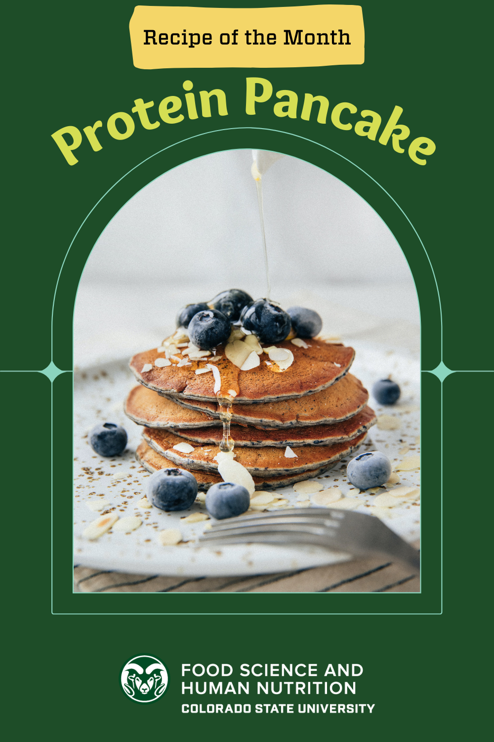 An image that reads: Recipe of the Month, Protein Pancakes