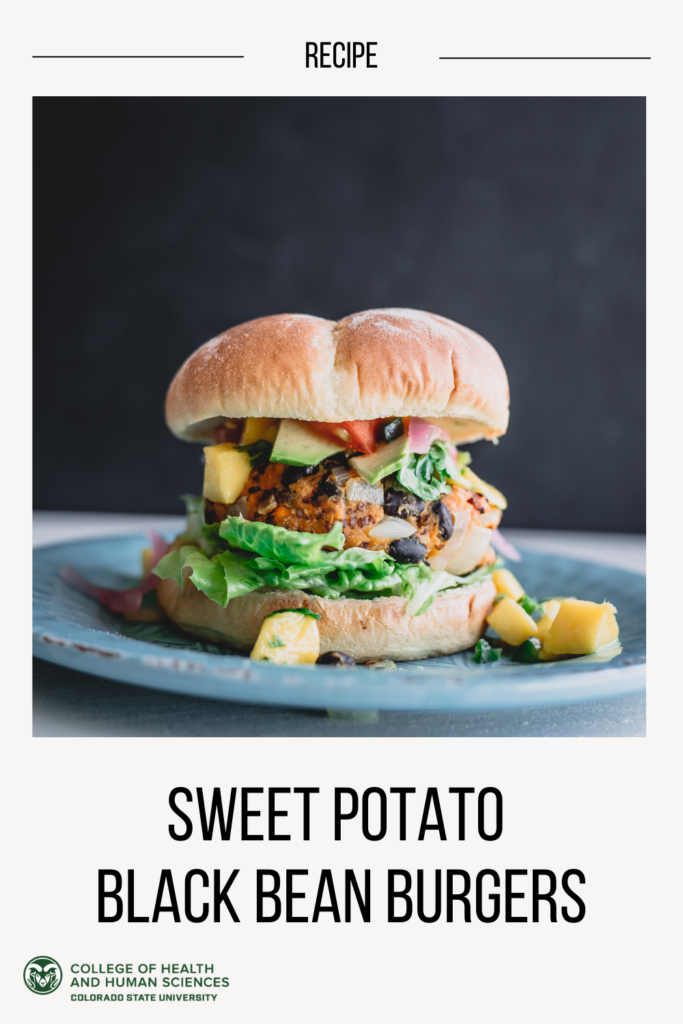 An image of a sweet potato black bean burger is shown with text that reads "sweet potato black bean burgers."