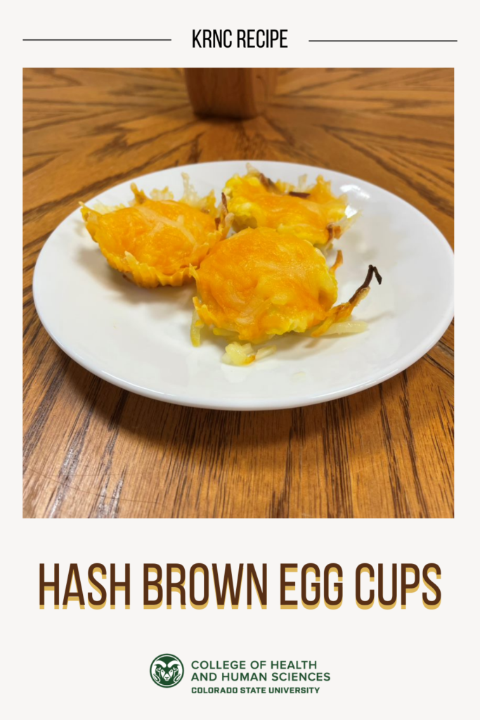 A white plate of hashbrown egg cups sits on a brown, wooden table.