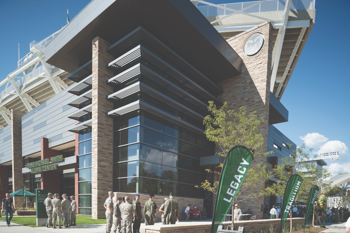 Outside view of the Iris and Michael Smith Alumni Center at Canvas Stadium on the Colorado State University campus