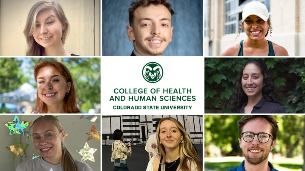 Eight photos of students are displayed in a grid, in the center of the collage grid is the College of Health and Human Sciences logo.