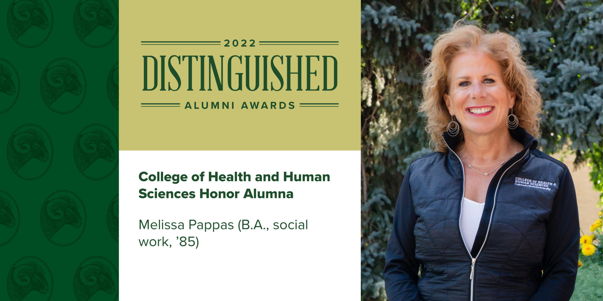 Melissa Pappas stands outside in a photo with graphics about the 2022 Distinguished Alumni Awards