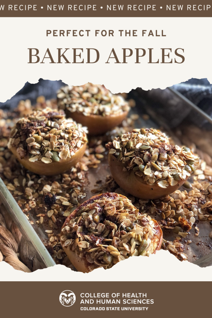 A graphic that reads "New recipe, perfect for the fall, baked apples." The graphic also features a photo of baked apples covered in topics on a sheet pan.