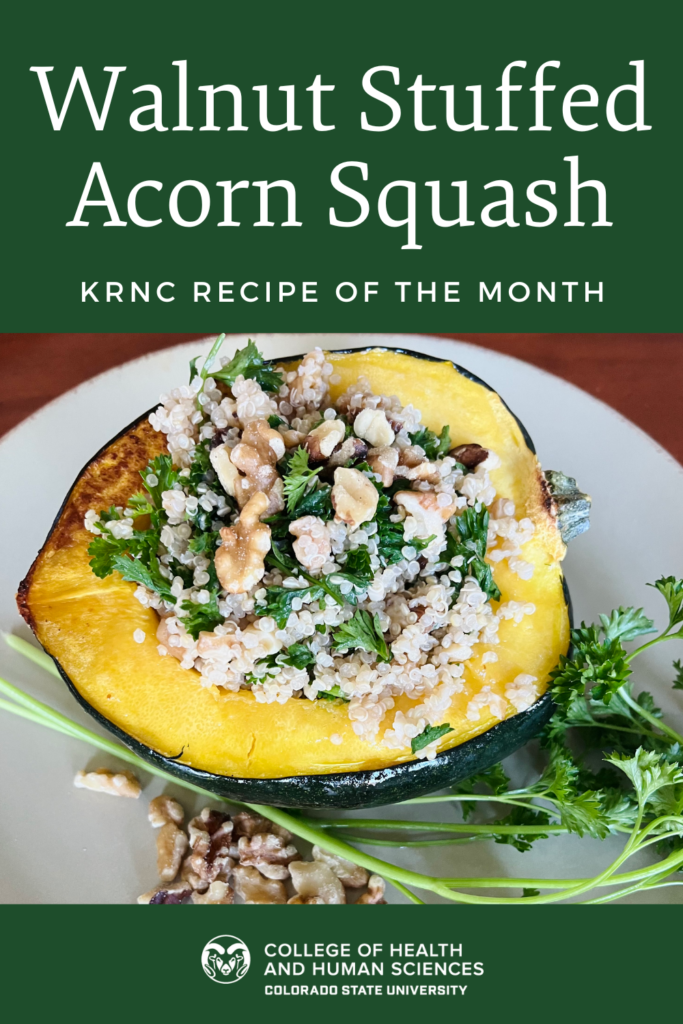 Walnut Stuffed Acorn Squash graphic with a photo of the meal on a white plate. 