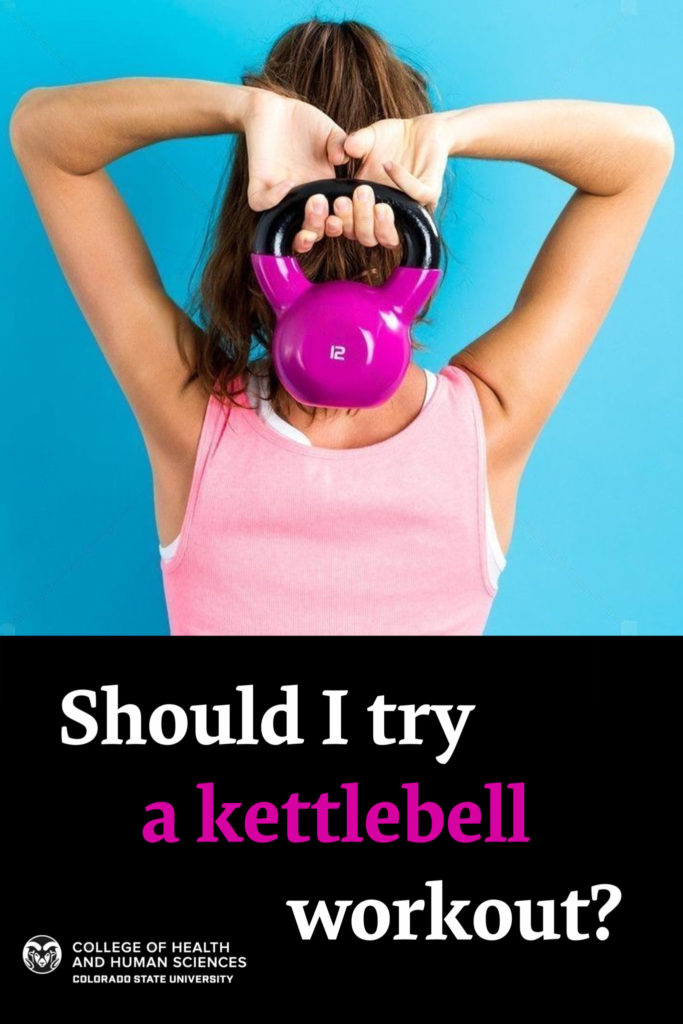Should I try a kettlebell workout? Woman holding pink kettlebell behind her head 