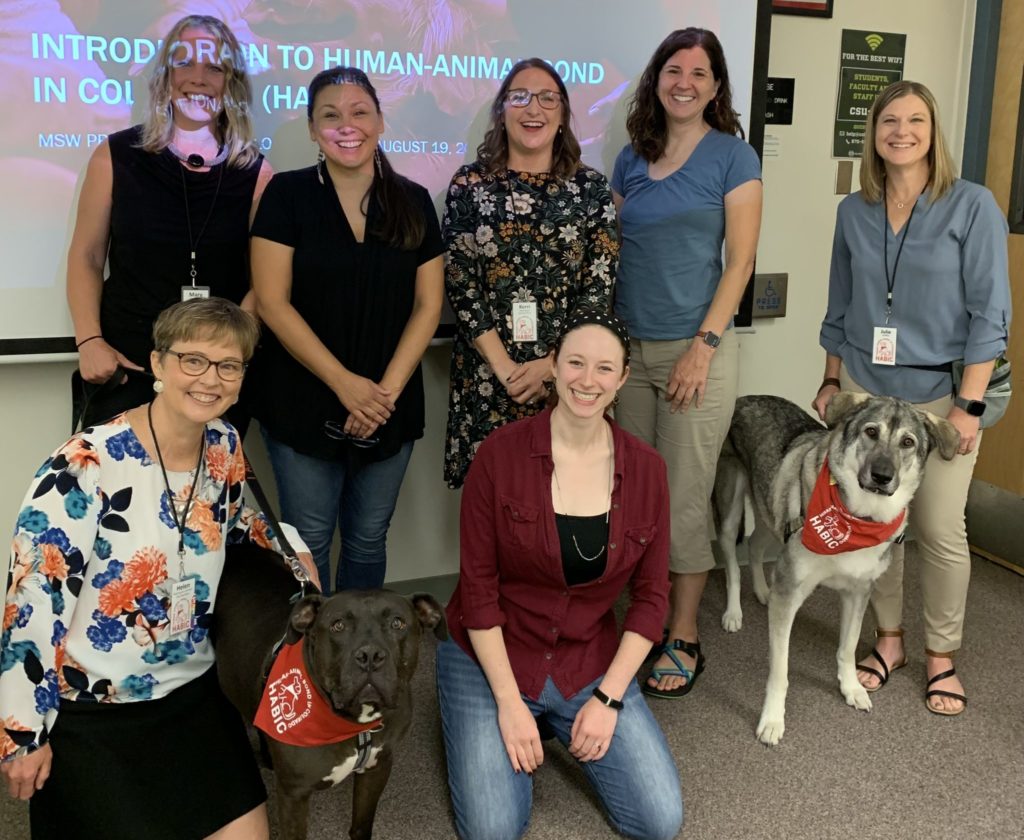 faculty, staff, and students in csu's master of social work program, plus two volunteers from the school's human-animal bond in colorado program and their dog partners, gather in a photo during an information center for the social as pects of human-animal interaction graduate certificate. everyone is smiling and the dogs ears a perked up and looking at the camera