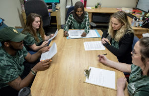 A group of graduate students work together around a table