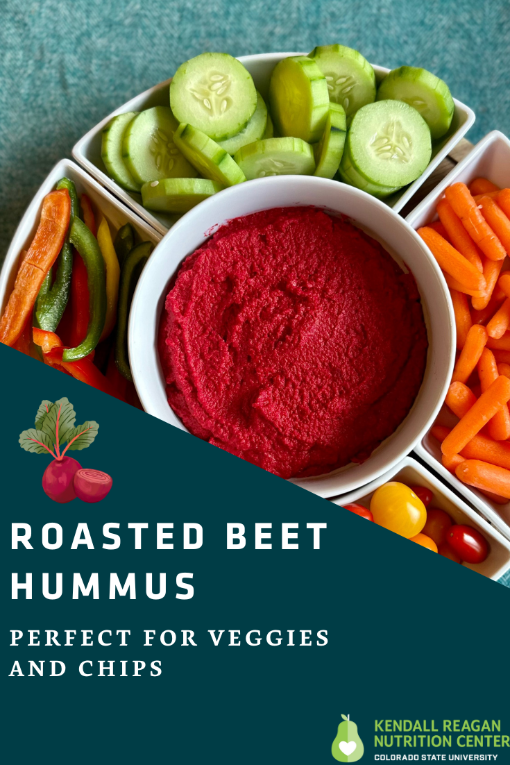 Picture of Roasted Beet Hummus with text that reads: "Perfect for veggies and chips".