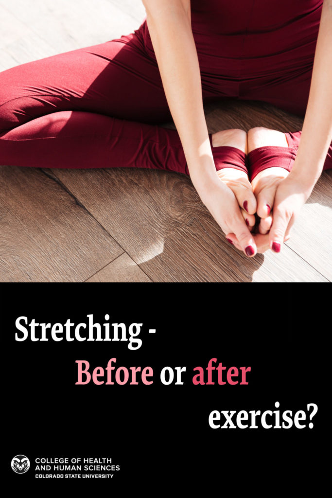 Stretching - before or after exercise? Woman with red painted fingernails and toenails holds her feet in her hands in the traditional 'butterfly' stretch position. 
