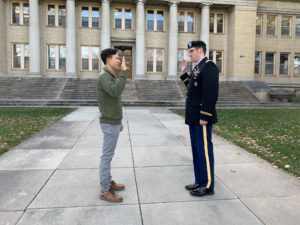 A U.S. Army Officer commissions a new soldier on the CSU campus