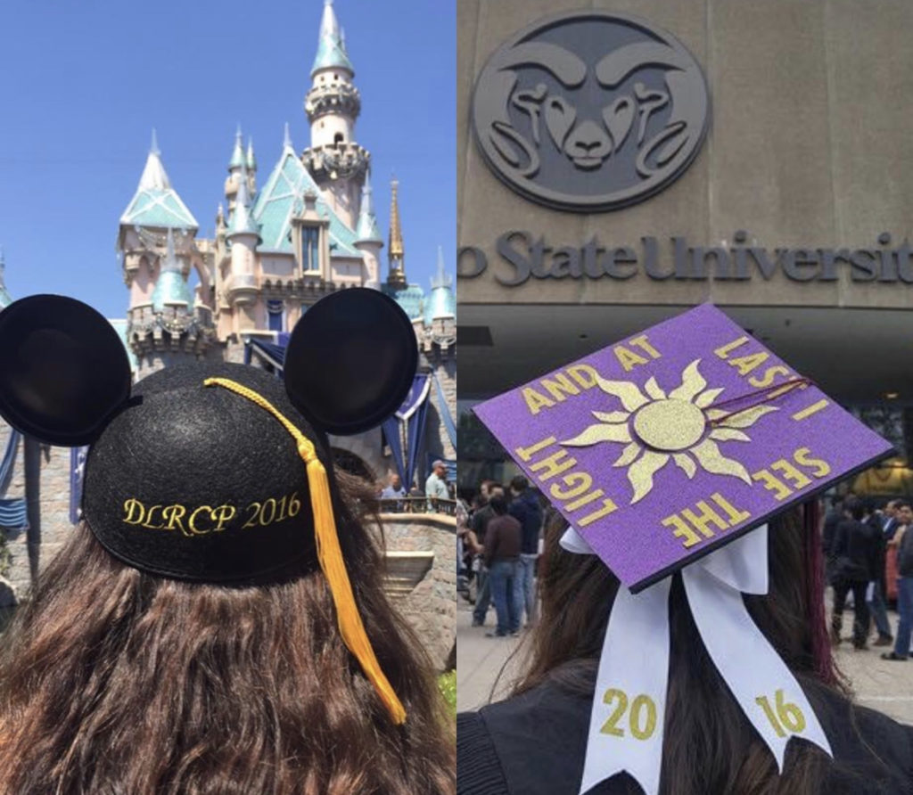 left image of Audrey wearing Micky Ears in front of the castle at Disneyland with the right image as the back of Audrey's graduation cap in front of Moby Arena at CSU.