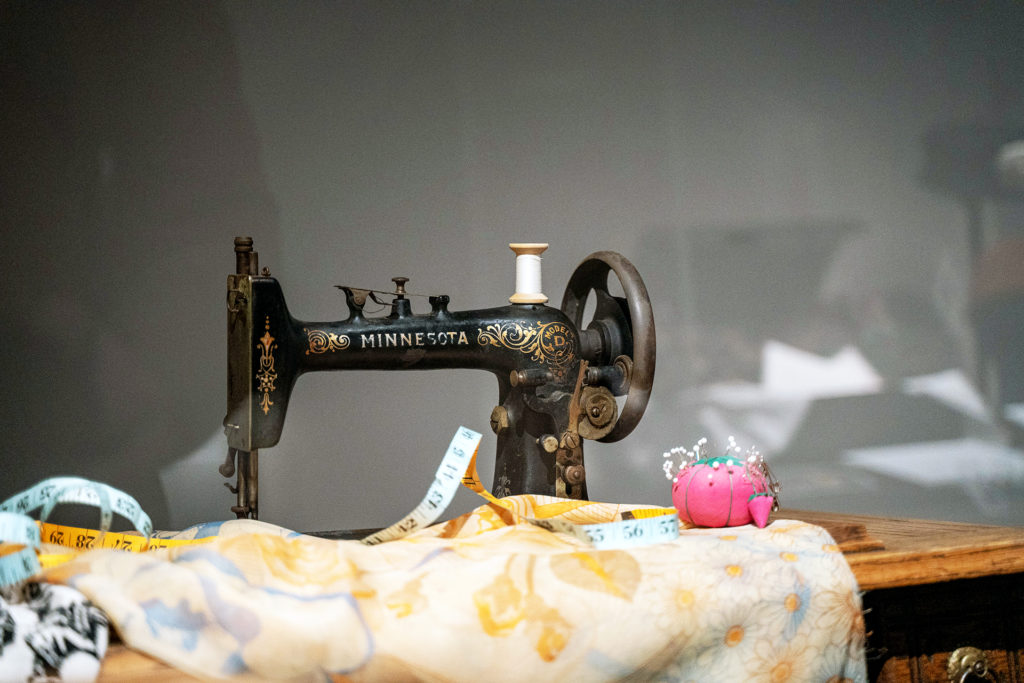 The Avenir Museum features a collection of items honoring the heirlooms and heritage of James Galanos. This photo shows an old sewing machine.