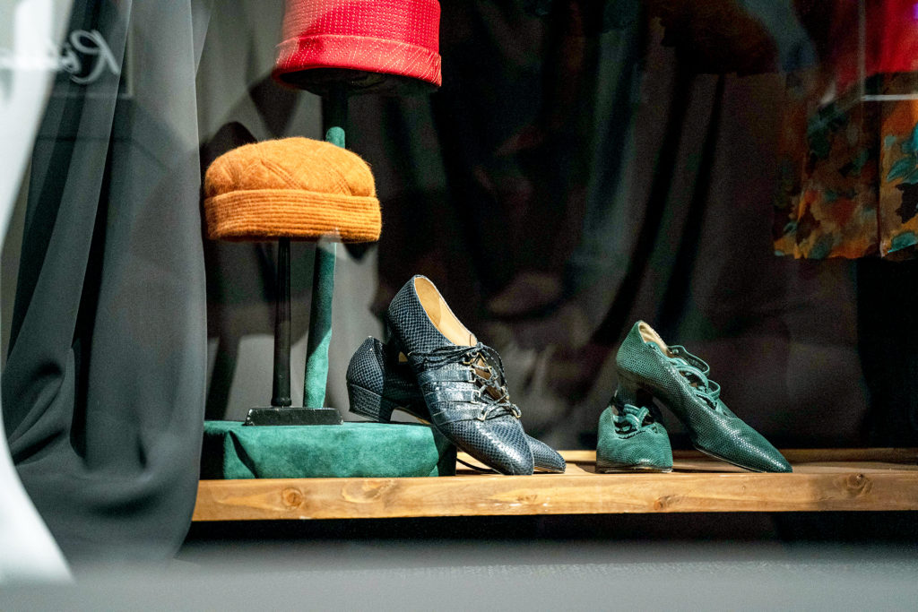 The Avenir Museum features a collection of items honoring the heirlooms and heritage of James Galanos. This photo shows shoes and hats.