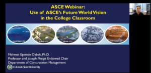 An online, Zoom call slide showing the Use of ASCE's Future World Vision in the college classroom. A small insert image of Mehmet Ozbek in upper right corner.