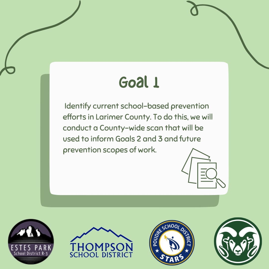 Goal one of school district drug prevention efforts is to identify current school-based efforts in Larimer County.