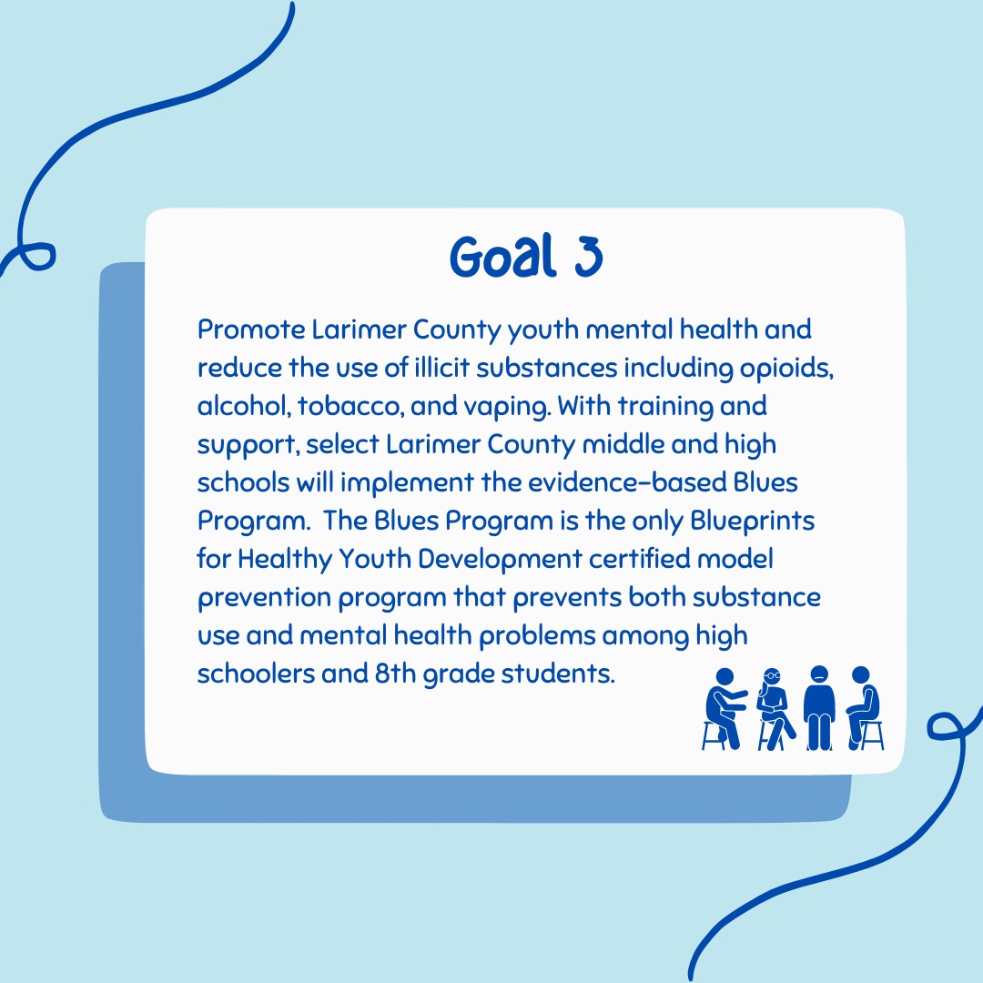 Goal three of school district drug prevention efforts is to promote Larimer County youth mental health and reduce the use of illicit substances including opioids, alcohol, tobacco and vaping.