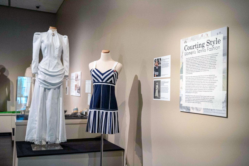 Images from Courting Style, a museum collection of clothing worn by professional women tennis players throughout the ages.
