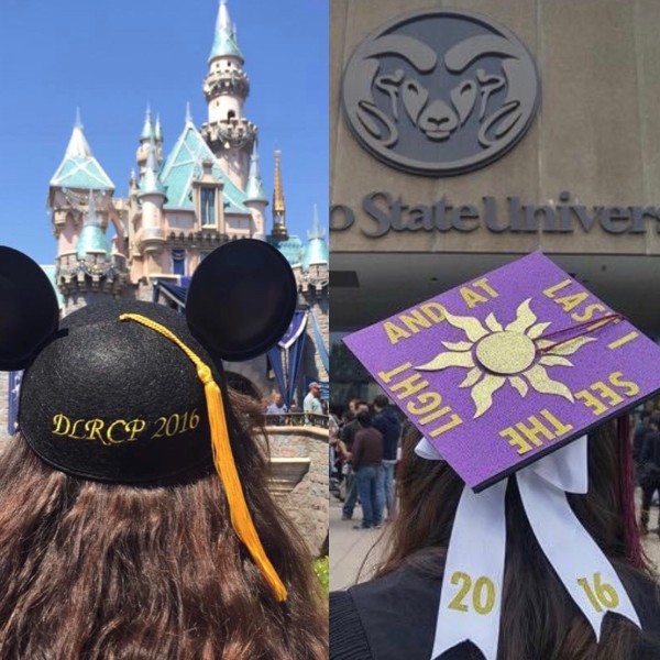 Side-by-side of Audrey Howard at Disneyland and graduating from CSU