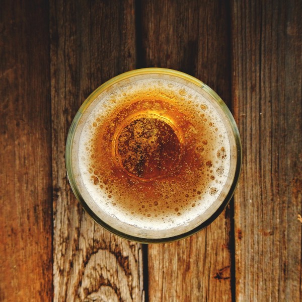 The view of a glass of beer from above