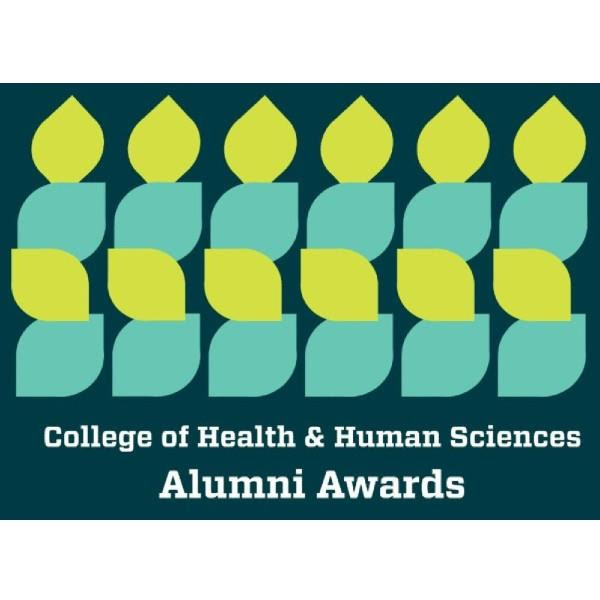 College of Health and Human Sciences Alumni Awards graphic with bright green and blue leaf shapes over a navy blue background